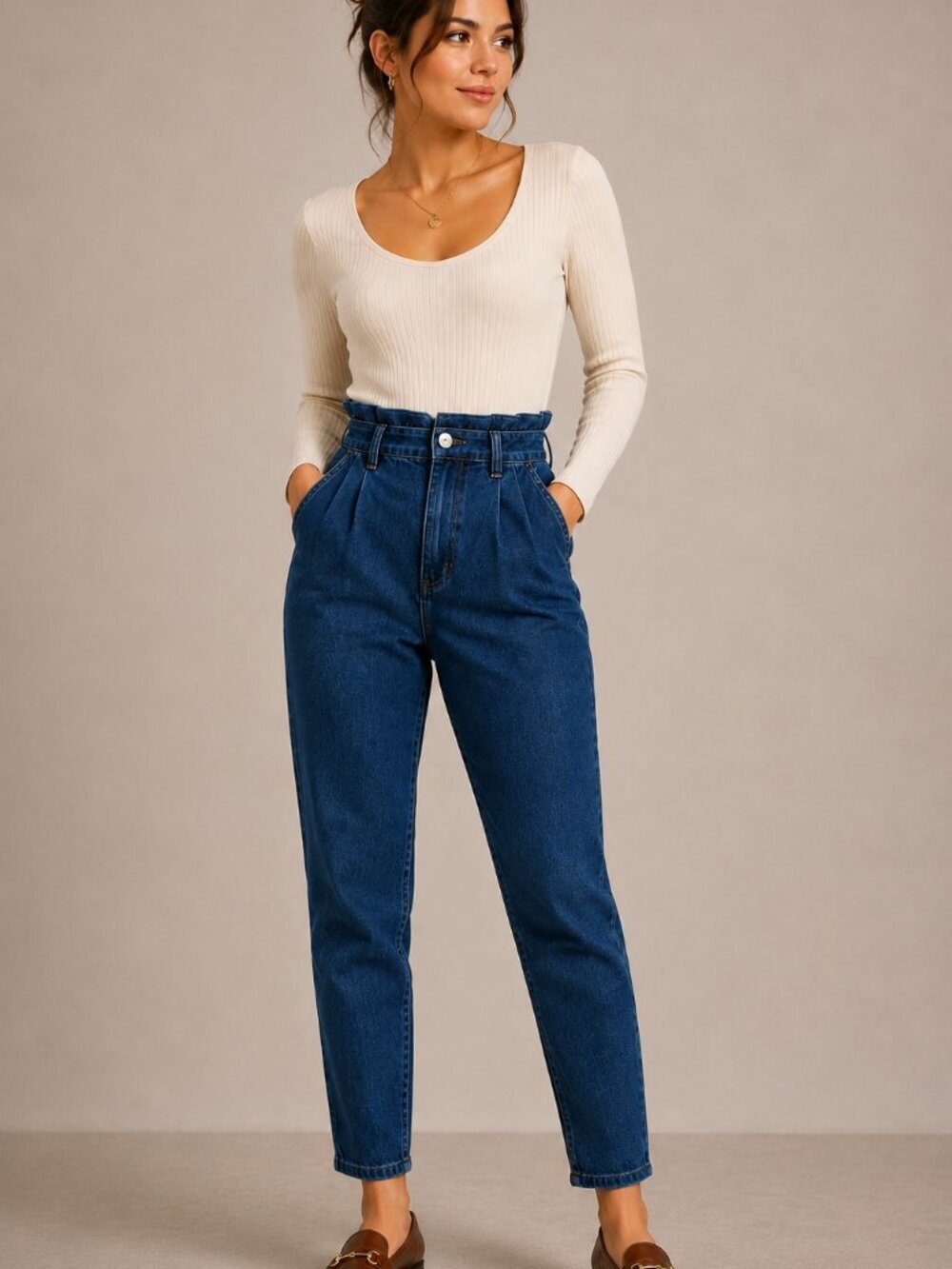 Chaps High Rise Paper Bag Waist Women's Jeans Size 4/ 27 Dark Wash Denim Trendy